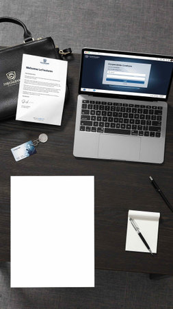 Top view of modern workplace with laptop, passport and stationery on wooden table