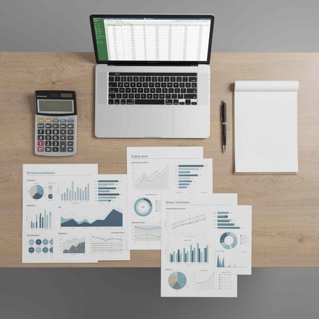Top view of business workplace with laptop, calculator and financial documents.