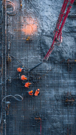 Industrial construction site with cranes and workers. Aerial view.