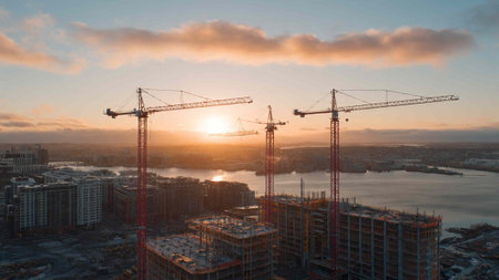 Construction site with cranes at sunset, panoramic view.