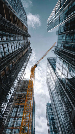 Low angle view of skyscrapers under construction in London, UK