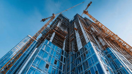 Construction of a high-rise building with cranes and blue sky