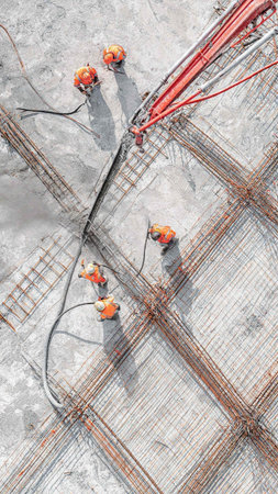 Construction workers working on the construction site, top view of construction site