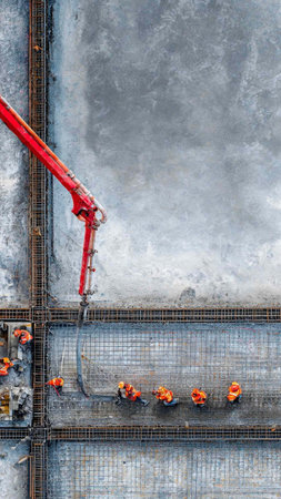 Crane lifting concrete slab at construction site, top view with copy space