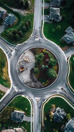 Aerial view of a road construction site in the suburbs of Toronto, Canada