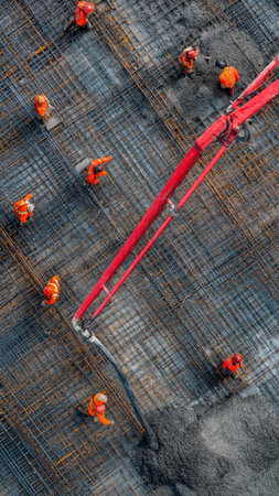 Aerial view on the construction site. Workers are working on the construction site.
