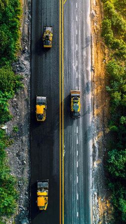 Aerial view of heavy asphalt road construction machinery working on the road