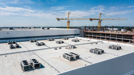 Aerial view of a construction site with cranes and building materials