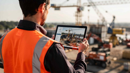 Rear view of a foreman using digital tablet on construction site