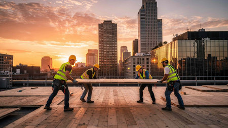 Group of engineers and architects working on a building construction site at sunset