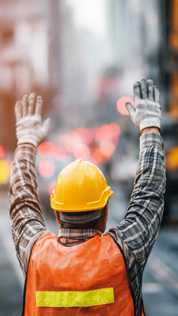 construction worker with safety helmet and safety vest on construction site background