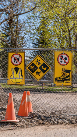 Traffic signs in the city. Traffic cones and warning signs.