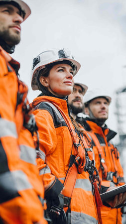 selective focus of industrial workers in helmets and vests looking away