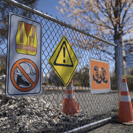 Warning signs on a chain link fence with traffic cones in the background