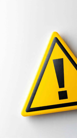 Warning sign with exclamation mark on white background, close up.