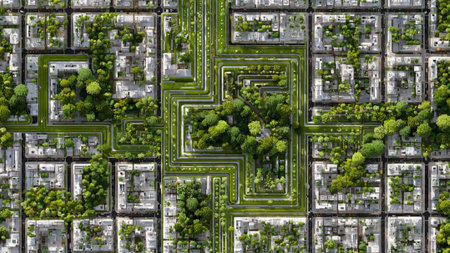 Aerial view of a residential area with a lot of trees.