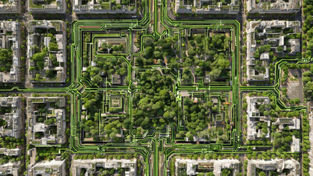 Aerial view of the city, roads, buildings and parks.