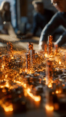 Sparks from burning candles in the shape of a city.