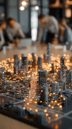 Miniature model of city on table. Construction concept. Selective focus.