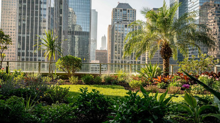 Beautiful landscaped park with palm trees in Chicago, Illinois.