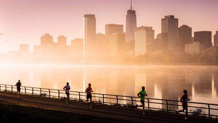 People running on Charles River in the morning.