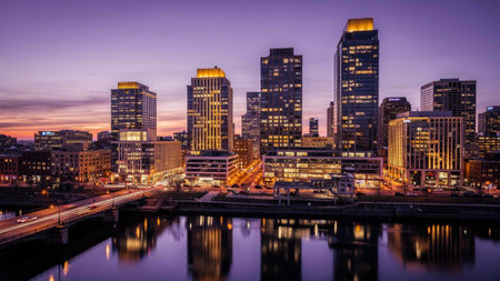 Boston, Massachusetts, USA downtown skyline at dusk. Long exposure.