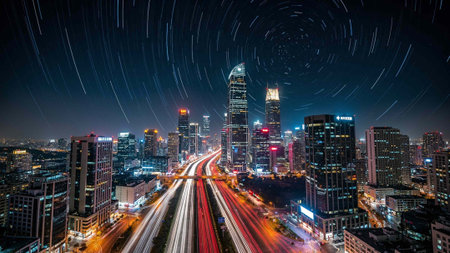 Night view of city skyline with fast moving traffic and star trails.
