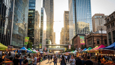 Unidentified people walking at the street market in Chicago, Illinois, USA.