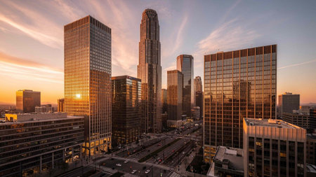 Downtown Los Angeles skyline at sunset, California, United States.