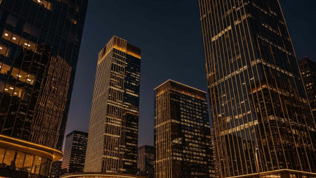 Night view of skyscrapers in downtown Los Angeles, California.