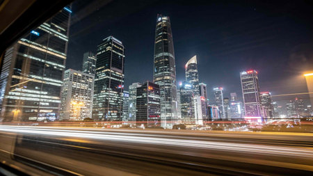 the light trails on the modern building background in shanghai china