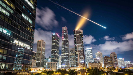 View of the skyscrapers of the modern city at night.