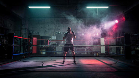 Young boxer in boxing ring with red light and smoke on dark background