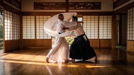 Elderly couple practicing kendo in a kimono room
