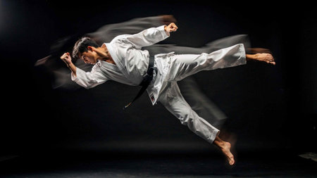 Taekwondo fighter in action on black background. Studio shot.