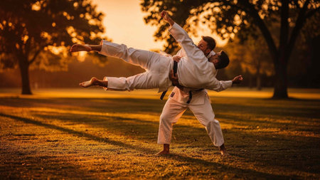 karate man and woman fighting in the park in the sunset light