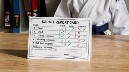 Karate class information board on a table in a martial arts school