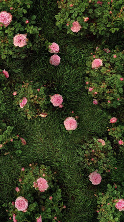 Flower bed of pink roses on green grass. Top view.