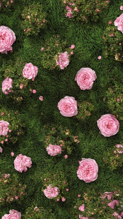 Pink roses on green grass background. Top view. Flat lay.