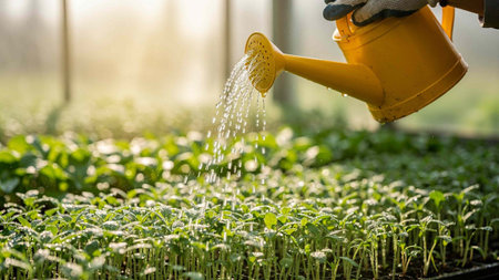 Watering young sprouts of mustard in a greenhouse. Selective focus.