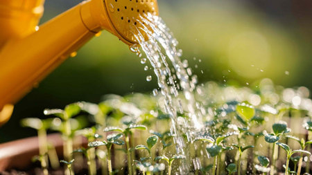 Watering plants in the garden.