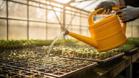 Watering seedlings in greenhouse. Watering plants in greenhouse.