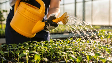Gardener watering seedlings of pepper with a watering can in a greenhouse