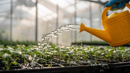 Watering seedlings in a greenhouse - selective focus, copy space