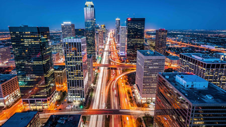 Aerial view of downtown Los Angeles, California, USA at dusk.