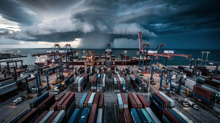 Panoramic view of cargo port with containers and cloudy sky.