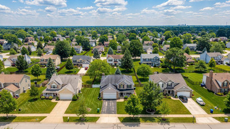 Aerial view of suburban neighborhood in suburbs Dallas, Texas, USA.