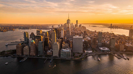 Aerial view of Lower Manhattan skyline at sunset, New York City.