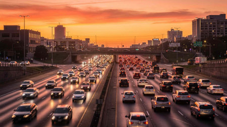 Traffic jam on the highway at sunset.