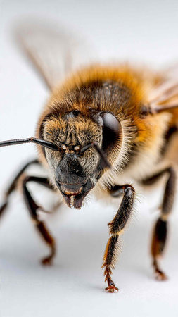 Macro shot of a bee on a white background. Close-up